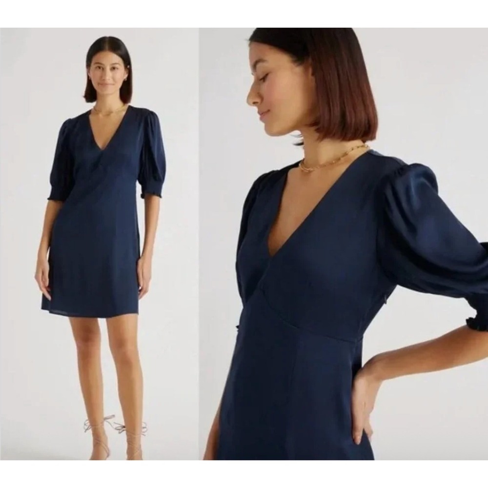 Quince Deep Navy V-Neck Puff Sleeve Mini Dress